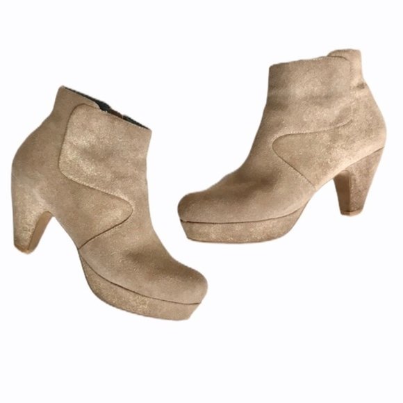 Sacha London Tan Leather Booties Velvet Gold Metal Size 6.5 - Picture 5 of 12